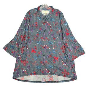 NWT‎ French Laundry Tunic Top 3X Striped Floral 3/4 Bell Sleeves Preppy Classic